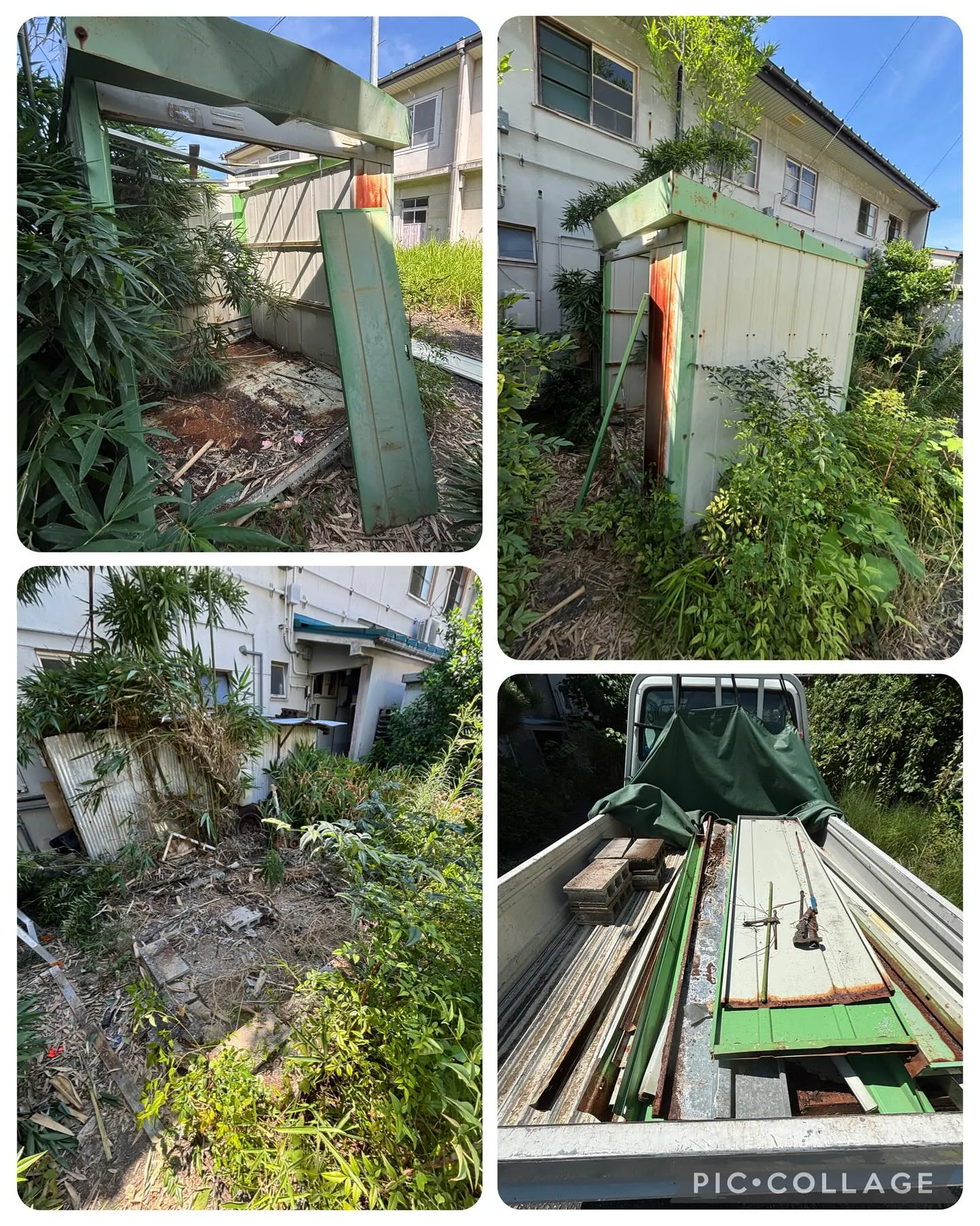 プレハブ物置撤去、屋根が落ちて使い物にならない物置。